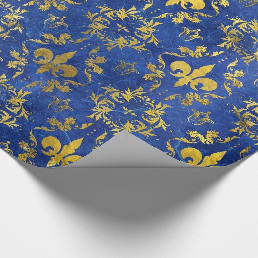Fleur-de-lis-Muster blauer Marmor und Gold Geschenkpapier (Ecke)