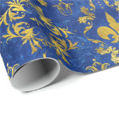 Fleur-de-lis-Muster blauer Marmor und Gold Geschenkpapier (Rolleneckpunkt)