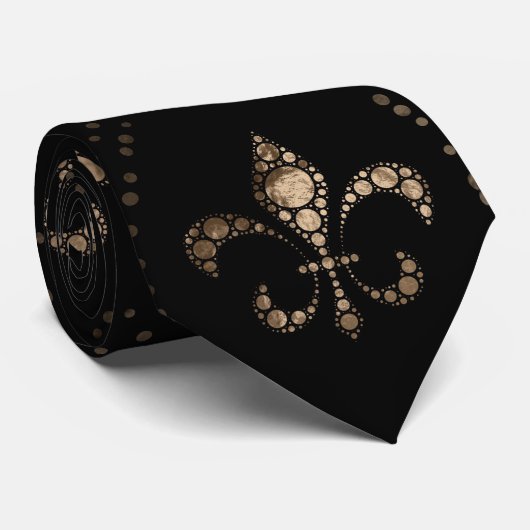 Fleur-de-lis-Muster Dot Art Schwarz und Gold Krawatte (Gerollt)