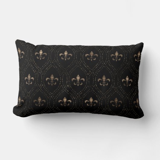 Fleur-de-lis-Muster Dot Art Schwarz und Gold Lendenkissen (Vorderseite)