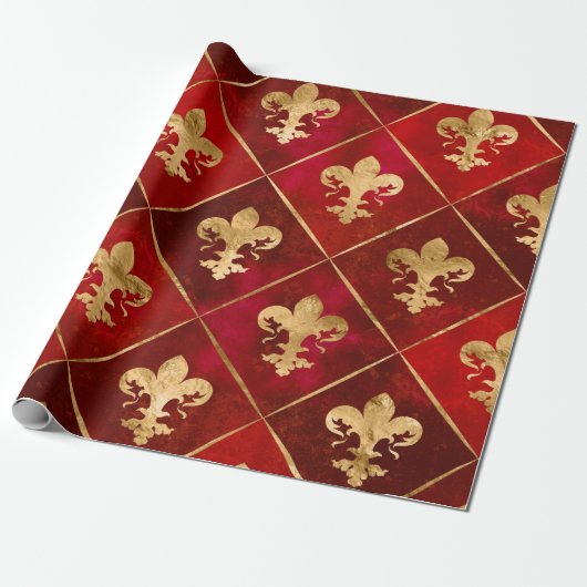 Fleur-de-lis-Muster luxuriös rot Geschenkpapier (Ungerollt)