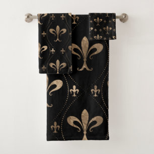 Fleur-de-lis-Muster schwarz und gold Badhandtuch Set