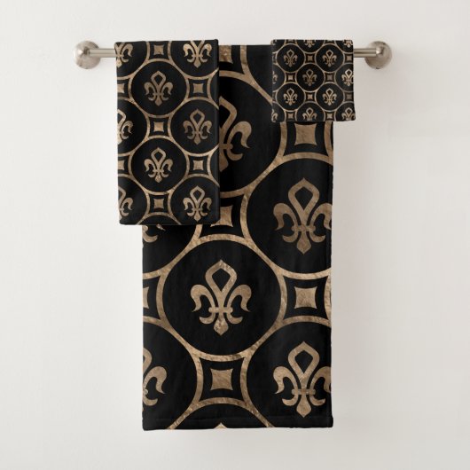 Fleur-de-lis-Muster - Schwarz und Gold Badhandtuch Set (Insitu)