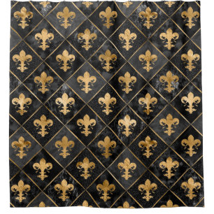 Fleur-de-lis-Muster Schwarzer Marmor und Gold Duschvorhang