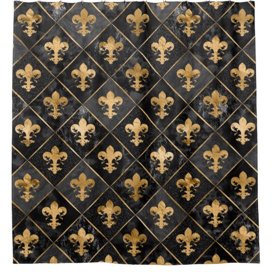 Fleur-de-lis-Muster Schwarzer Marmor und Gold Duschvorhang (Vorderseite)
