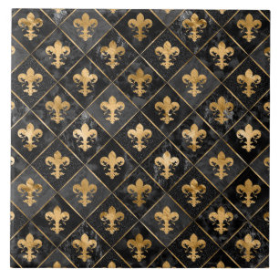 Fleur-de-lis-Muster Schwarzer Marmor und Gold Fliese