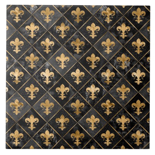 Fleur-de-lis-Muster Schwarzer Marmor und Gold Fliese (Vorderseite)