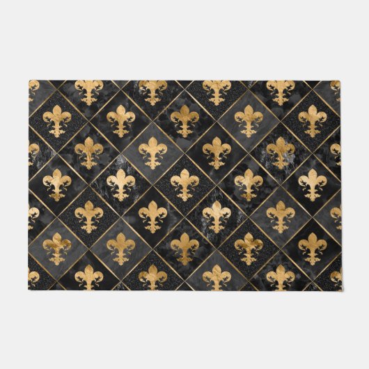 Fleur-de-lis-Muster Schwarzer Marmor und Gold Fußmatte (Vorderseite)