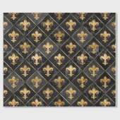 Fleur-de-lis-Muster Schwarzer Marmor und Gold Geschenkpapier (Flach)