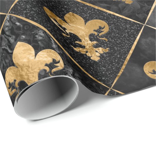 Fleur-de-lis-Muster Schwarzer Marmor und Gold Geschenkpapier (Rolleneckpunkt)