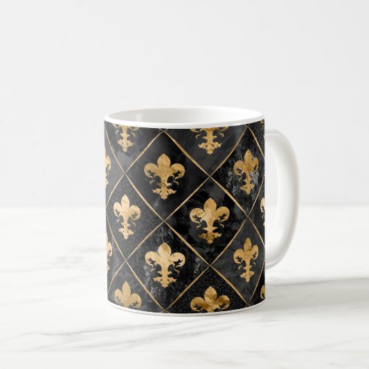 Fleur-de-lis-Muster Schwarzer Marmor und Gold Kaffeetasse (VorderseiteRechts)