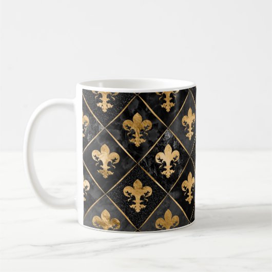 Fleur-de-lis-Muster Schwarzer Marmor und Gold Kaffeetasse (Links)