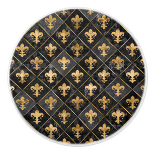 Fleur-de-lis-Muster Schwarzer Marmor und Gold Keramikknauf