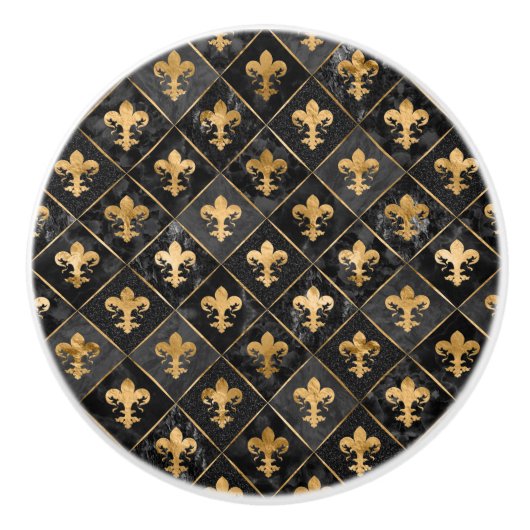Fleur-de-lis-Muster Schwarzer Marmor und Gold Keramikknauf (Vorderseite)