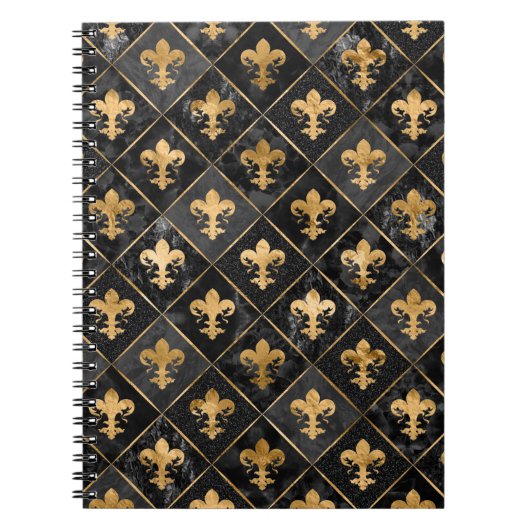 Fleur-de-lis-Muster Schwarzer Marmor und Gold Notizblock (Vorderseite)