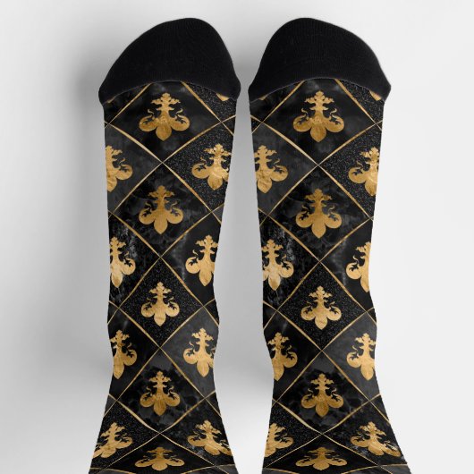 Fleur-de-lis-Muster Schwarzer Marmor und Gold Socken (Oben)