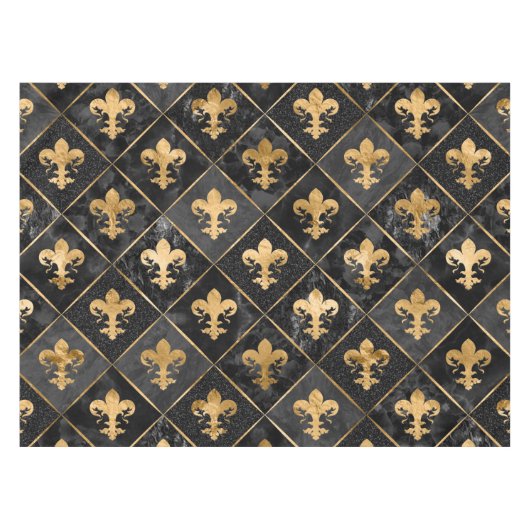 Fleur-de-lis-Muster Schwarzer Marmor und Gold Tischdecke (Vorderseite (Horizontal))