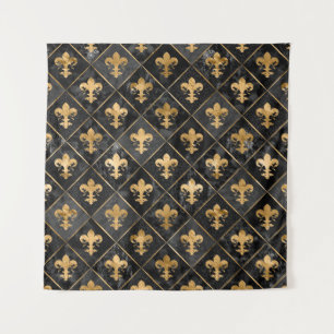 Fleur-de-lis-Muster Schwarzer Marmor und Gold Wandteppich