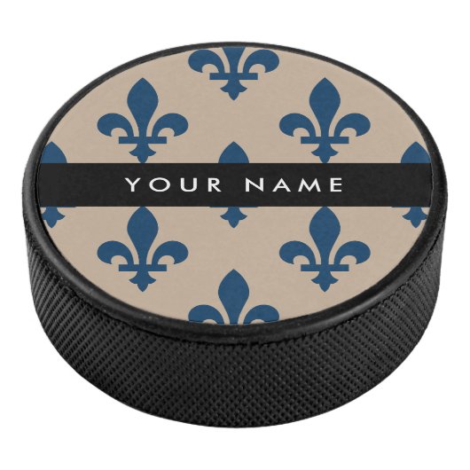 Fleur de Lis, Navy Blue on Beige, Royal, Your Name Eishockey Puck (3/4)