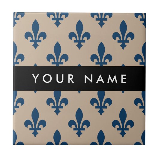 Fleur de Lis, Navy Blue on Beige, Royal, Your Name Fliese (Vorderseite)