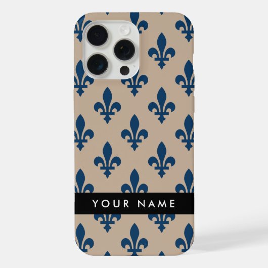 Fleur de Lis, Navy Blue on Beige, Royal, Your Name iPhone Hülle (Rückseite)