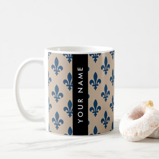 Fleur de Lis, Navy Blue on Beige, Royal, Your Name Kaffeetasse (Mit Donut)