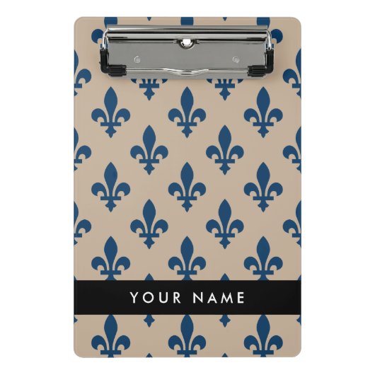 Fleur de Lis, Navy Blue on Beige, Royal, Your Name Mini Klemmbrett (Vorderseite)