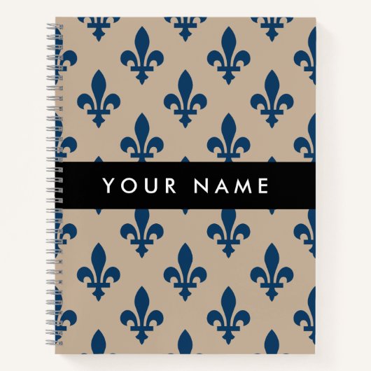 Fleur de Lis, Navy Blue on Beige, Royal, Your Name Notizblock (Vorderseite)