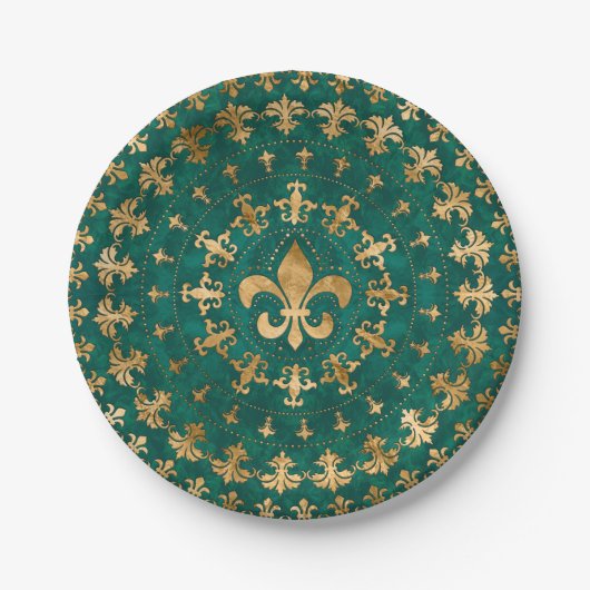 Fleur-de-lis-Ornament Emerald Green Pappteller (Vorderseite)