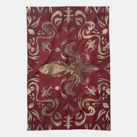 Fleur-de-lis-Ornament Rot und Gold Geschirrtuch (Vertikal)