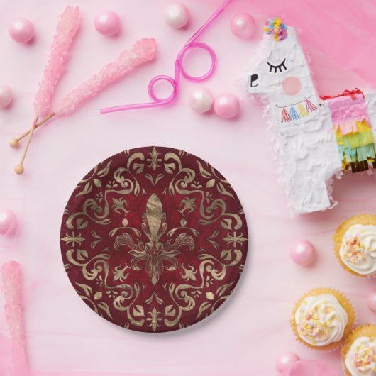 Fleur-de-lis-Ornament Rot und Gold Pappteller (Party)