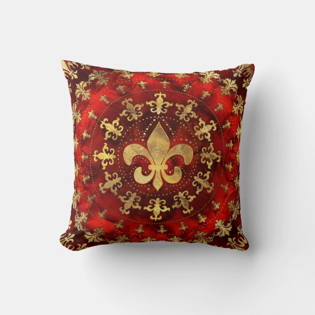 Fleur-de-lis-Ornament Roter Marmor und Gold Kissen (Vorderseite)