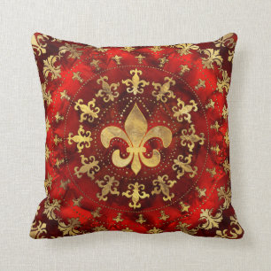 Fleur-de-lis-Ornament Roter Marmor und Gold Kissen
