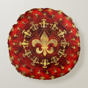 Fleur-de-lis-Ornament Roter Marmor und Gold Rundes Kissen