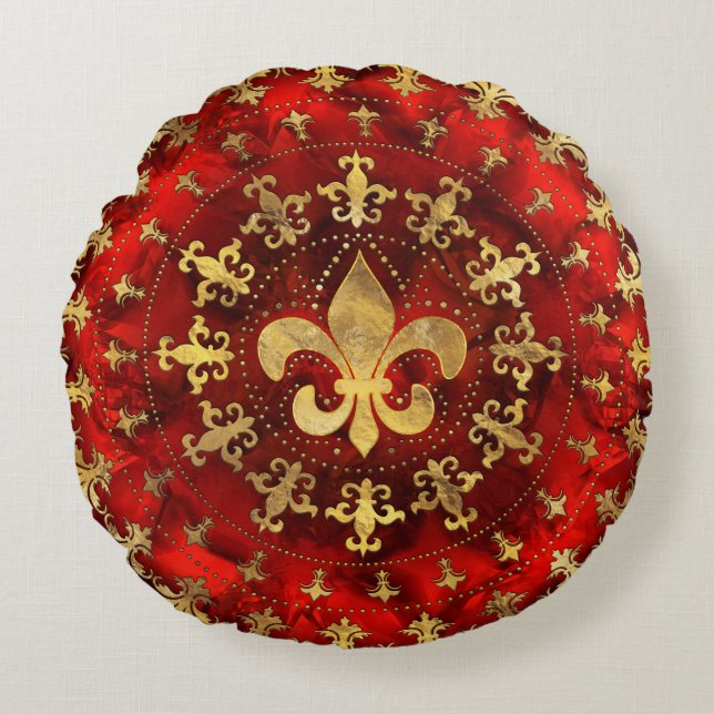 Fleur-de-lis-Ornament Roter Marmor und Gold Rundes Kissen (Vorderseite)