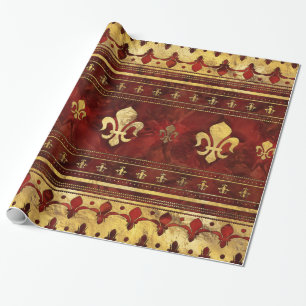 Fleur-de-lis Roter Marmor und Gold Geschenkpapier
