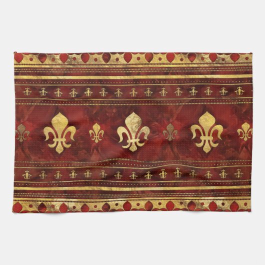 Fleur-de-lis Roter Marmor und Gold Geschirrtuch (Horizontal)