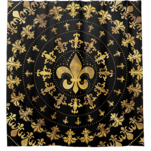 Fleur-de-lis - Rundschmuck - Gold und Schwarz Duschvorhang