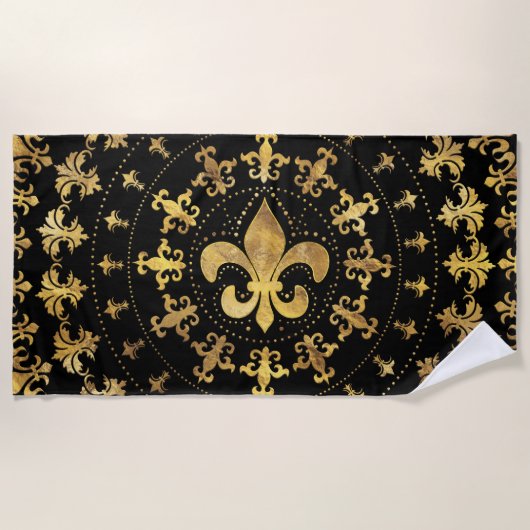 Fleur-de-lis - Rundschmuck - Gold und Schwarz Strandtuch (Vorderseite)