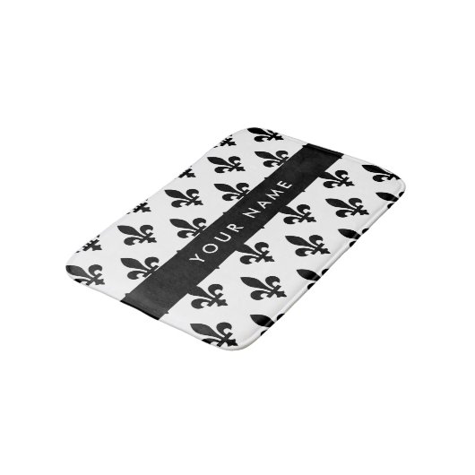 Fleur de Lis, Schwarz auf Weiß, Schwarz, Ihr Name Badematte (Schrägansicht)