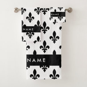 Fleur de Lis, Schwarz auf Weiß, Schwarz, Ihr Name Badhandtuch Set