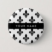 Fleur de Lis, Schwarz auf Weiß, Schwarz, Ihr Name Button (Vorderseite)
