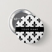 Fleur de Lis, Schwarz auf Weiß, Schwarz, Ihr Name Button (Vorne & Hinten)