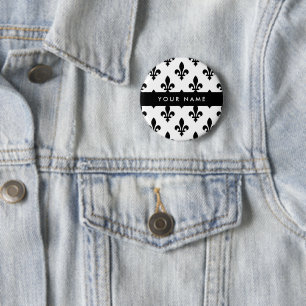Fleur de Lis, Schwarz auf Weiß, Schwarz, Ihr Name Button