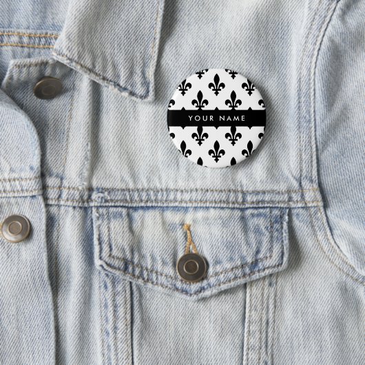 Fleur de Lis, Schwarz auf Weiß, Schwarz, Ihr Name Button (Beispiel)