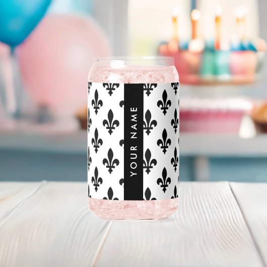 Fleur de Lis, Schwarz auf Weiß, Schwarz, Ihr Name Dosenglas (Insitu (Baby Party))