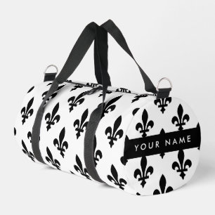 Fleur de Lis, Schwarz auf Weiß, Schwarz, Ihr Name Duffle Bag