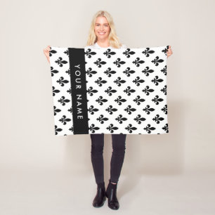 Fleur de Lis, Schwarz auf Weiß, Schwarz, Ihr Name Fleecedecke
