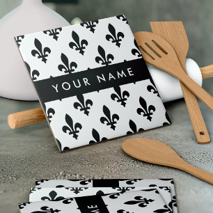 Fleur de Lis, Schwarz auf Weiß, Schwarz, Ihr Name Fliese