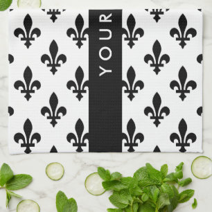 Fleur de Lis, Schwarz auf Weiß, Schwarz, Ihr Name Geschirrtuch